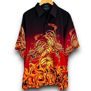 Vintage Y2K MT:2 Fire Dragon Short Sleeve Button Front Shirt Black Red Size XL